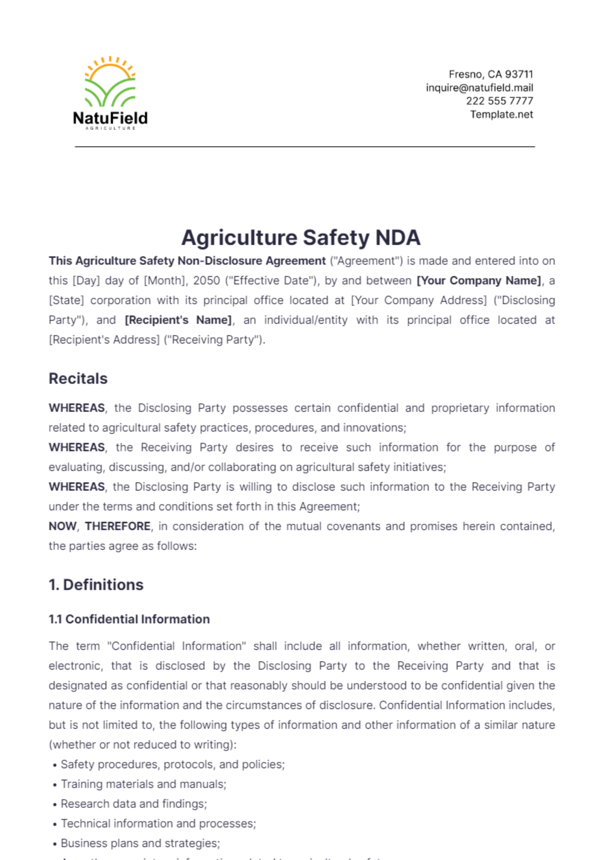 Agriculture Safety NDA Template - Edit Online & Download