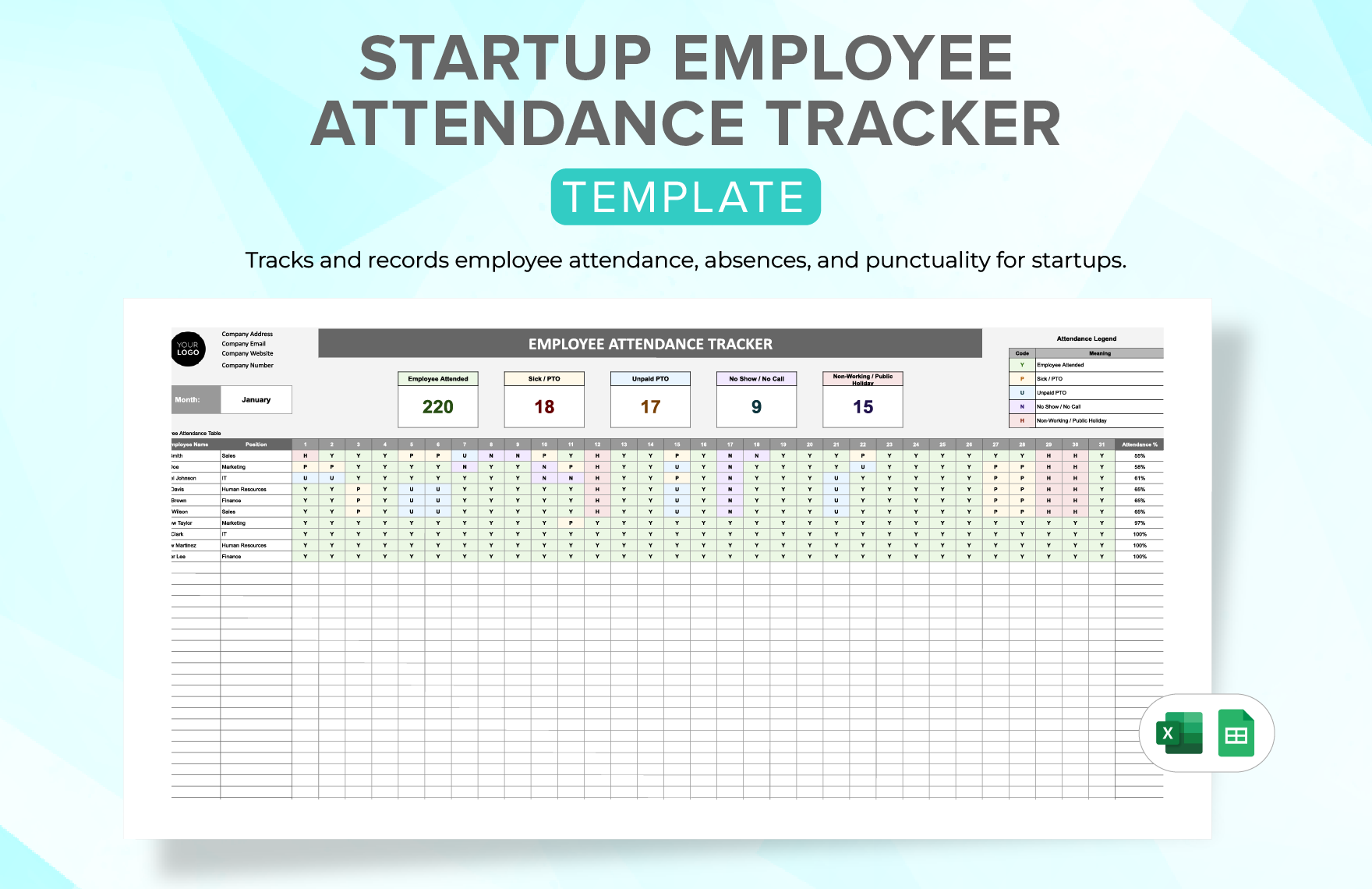 Startup Employee Attendance Tracker Template in Excel, Google Sheets