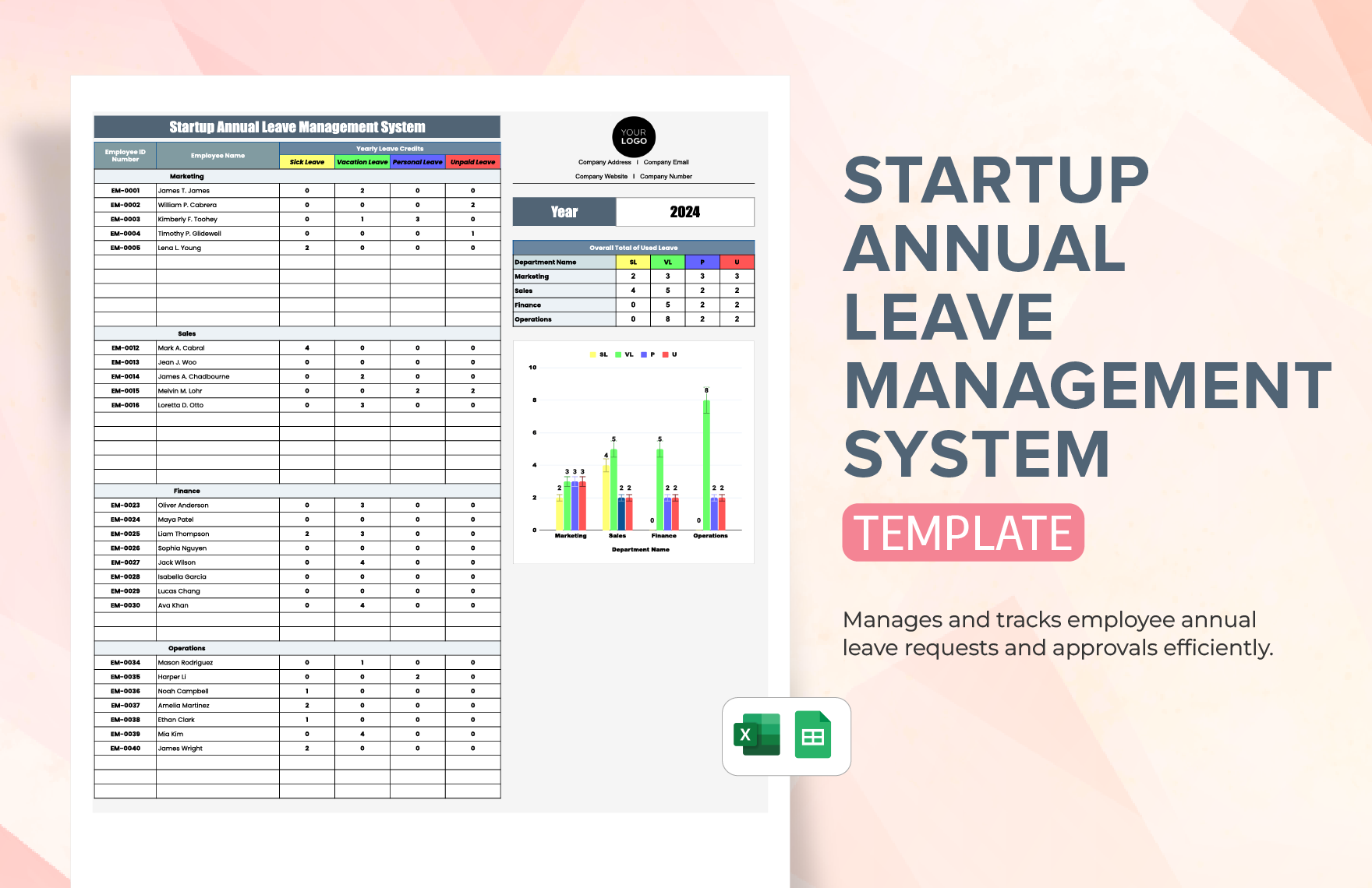 Startup Annual Leave Management System Template in Excel, Google Sheets