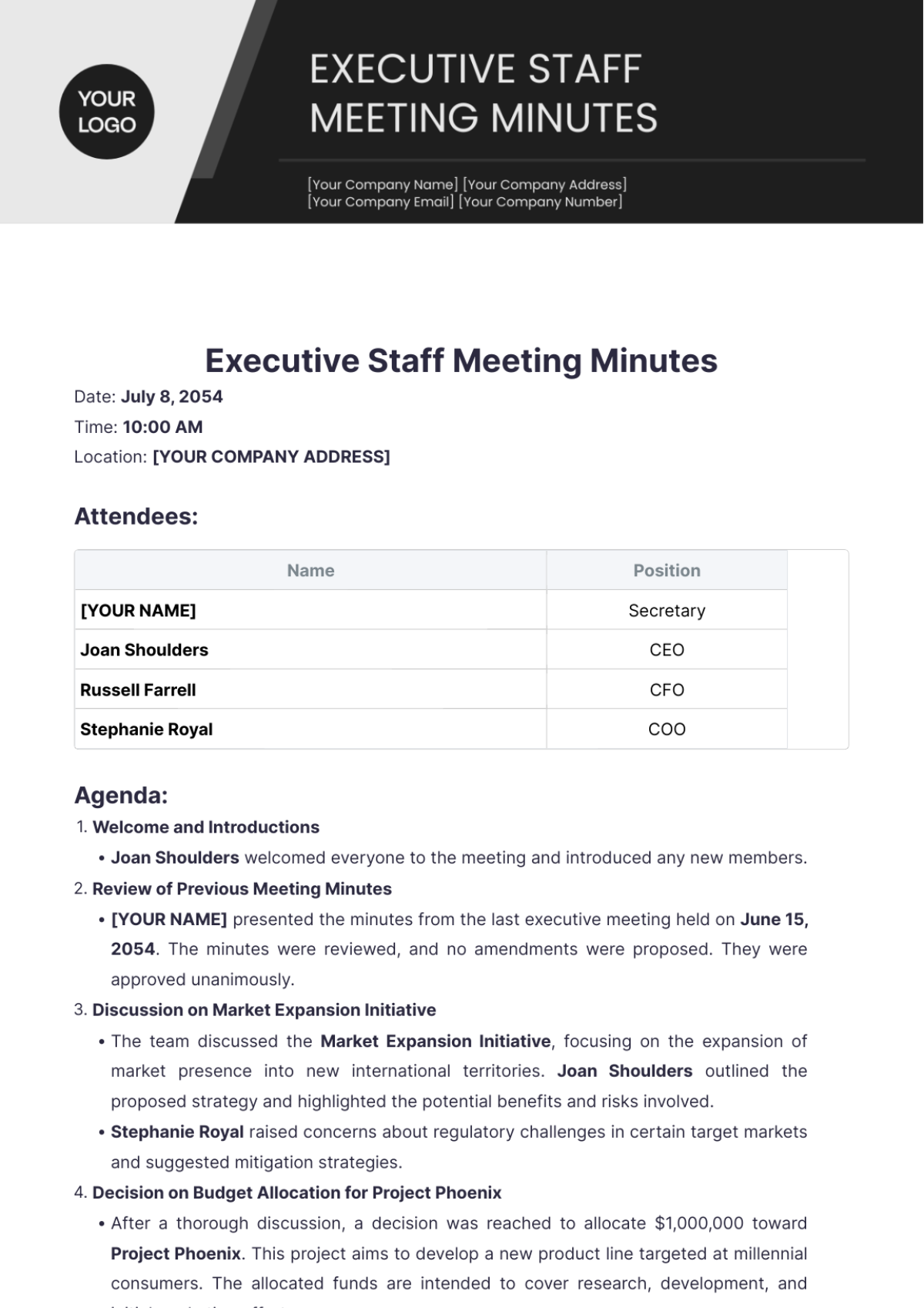 Executive Staff Meeting Minutes Template - Edit Online & Download