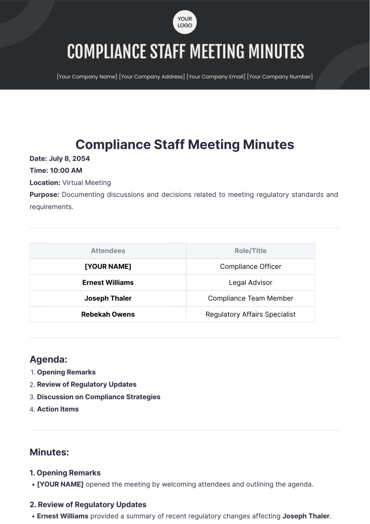 Compliance Staff Meeting Minutes Template - Edit Online & Download