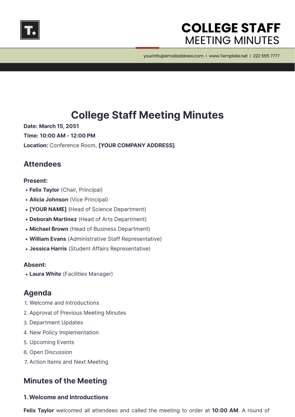 Free College Staff Meeting Minutes Template - Edit Online & Download ...