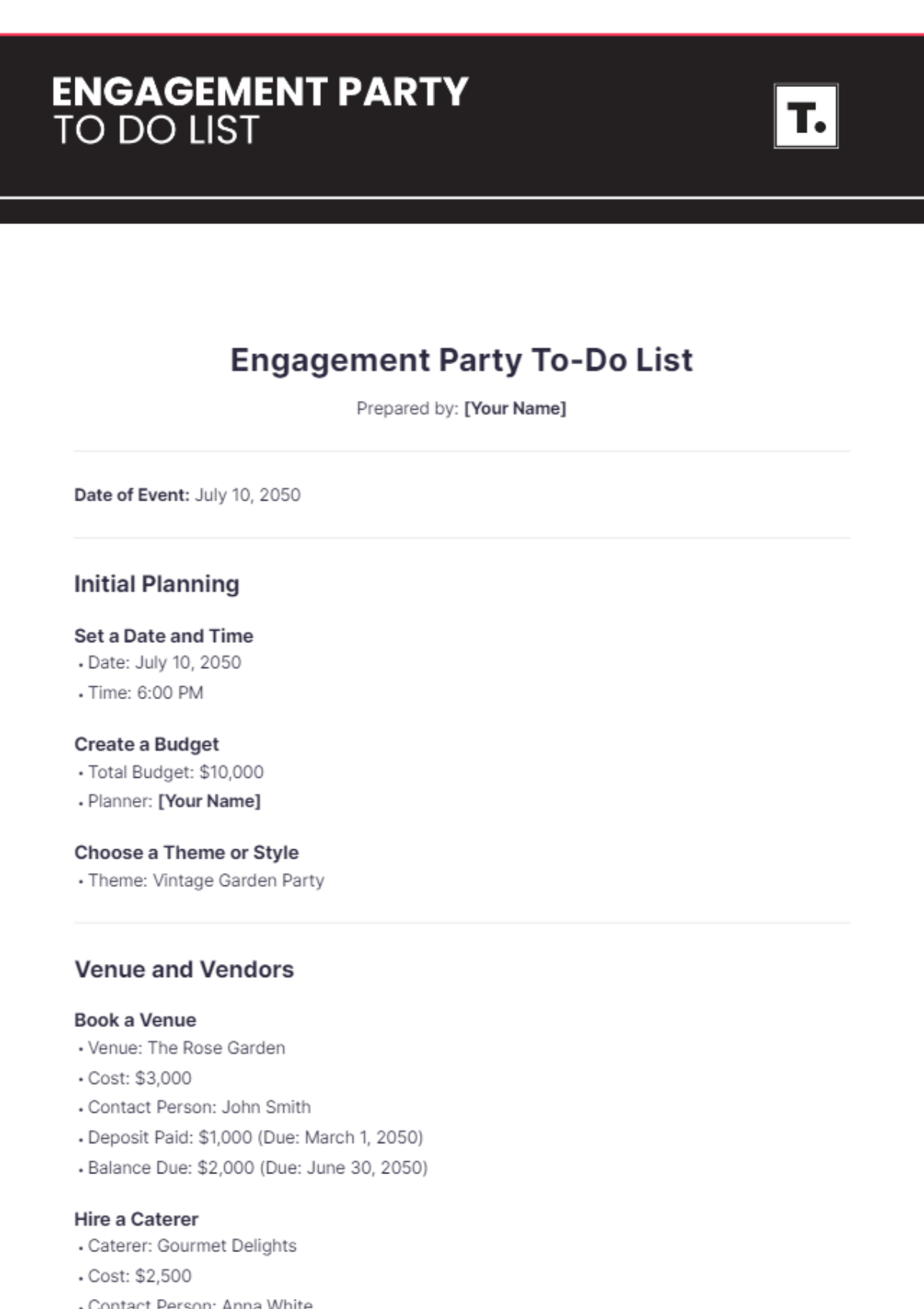 Free Engagement Party To Do List Template To Edit Online