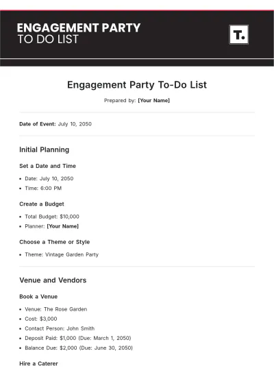 Free Engagement Party To Do List Template to Edit Online
