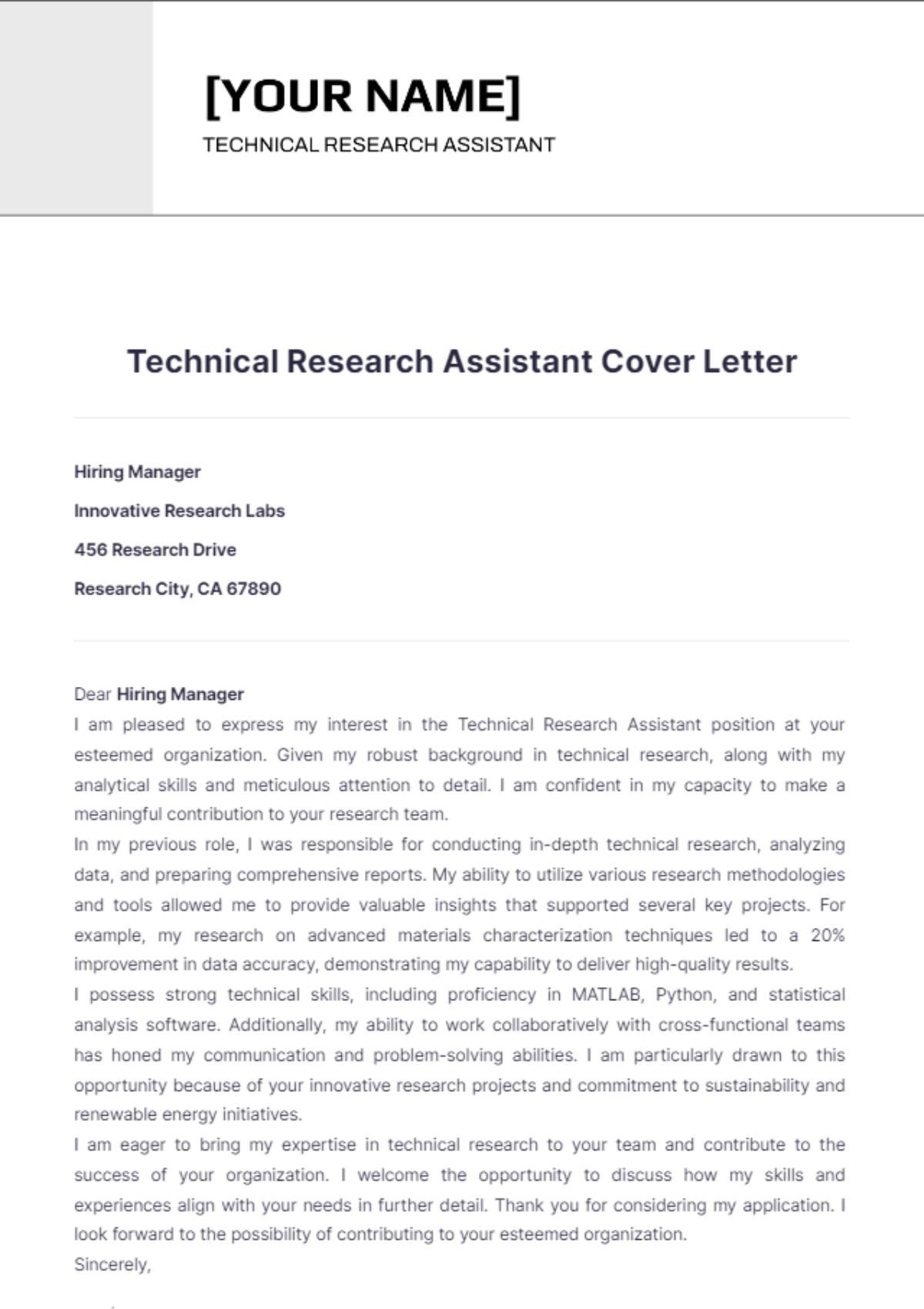 Technical Research Assistant Cover Letter