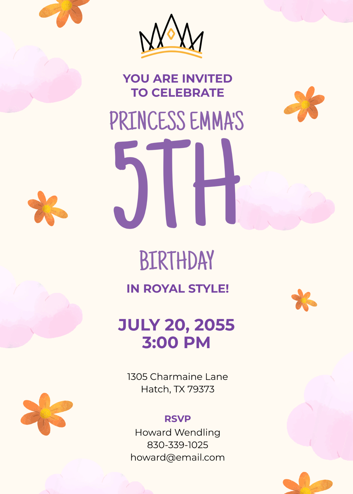 Princess 5th Birthday Invitation
