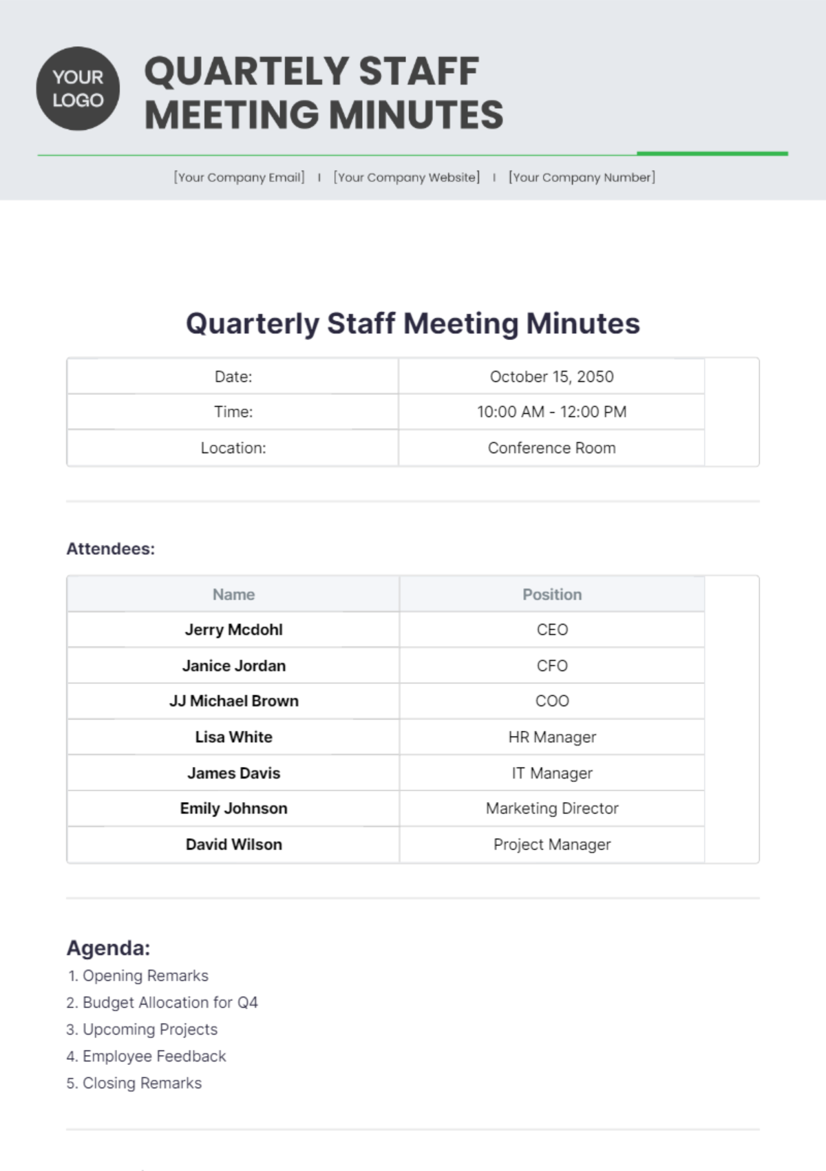 Quarterly Staff Meeting Minutes Template - Edit Online & Download