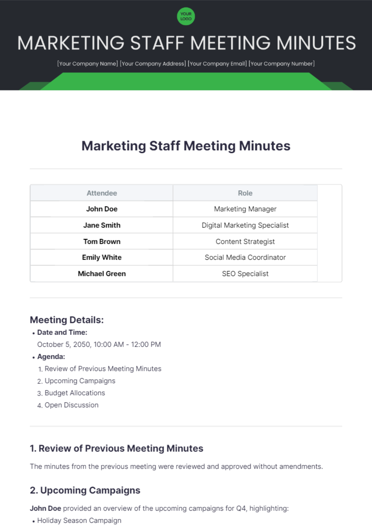 Marketing Staff Meeting Minutes Template - Edit Online & Download