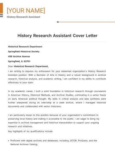 Free History Research Assistant Cover Letter to Edit Online