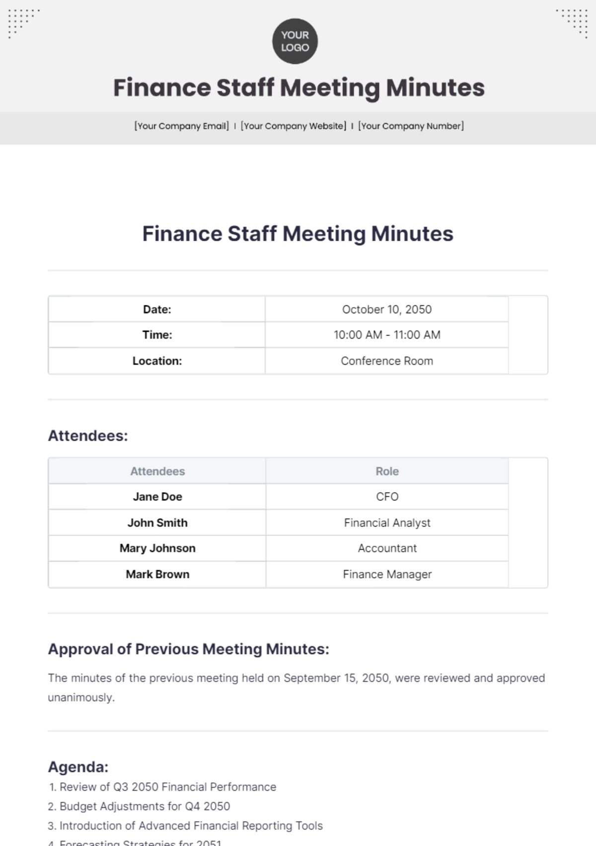 Finance Staff Meeting Minutes Template - Edit Online & Download