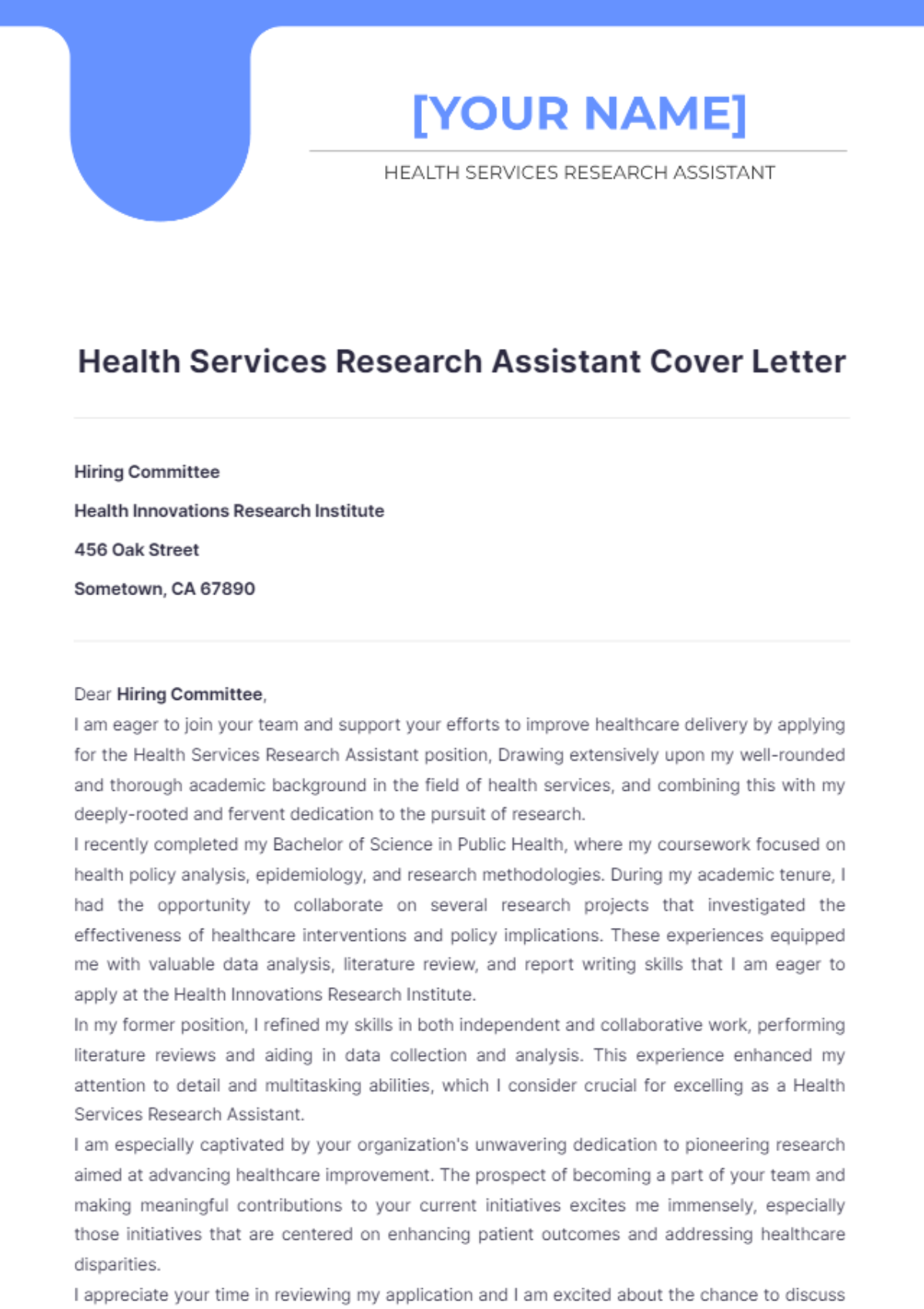 Health Services Research Assistant Cover Letter