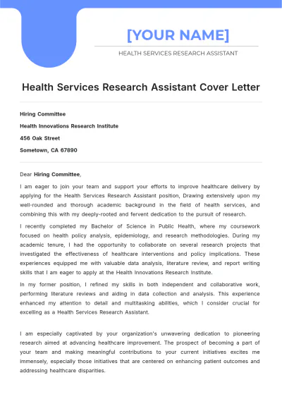 Free Health Services Research Assistant Cover Letter to Edit Online
