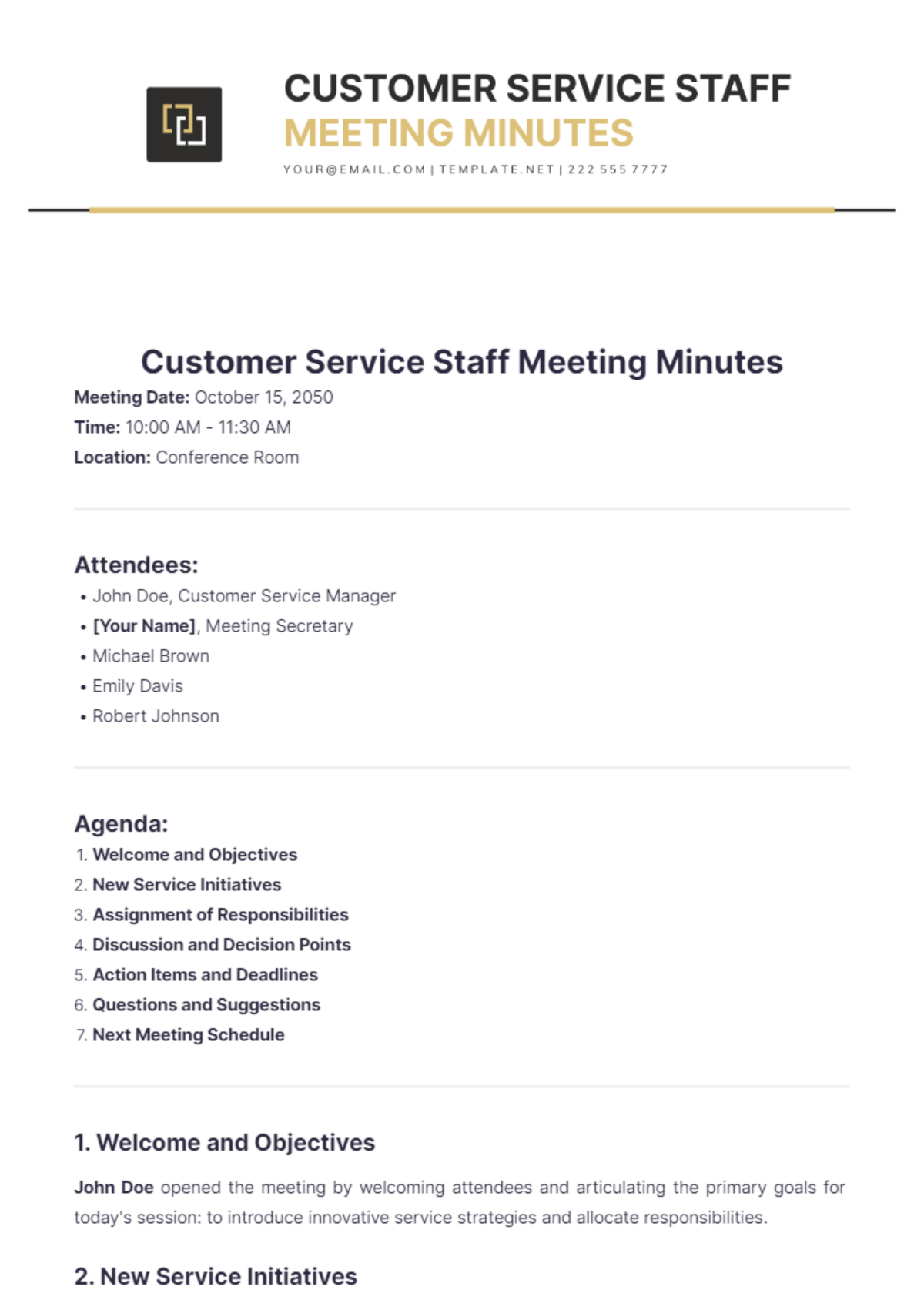 Customer Service Staff Meeting Minutes Template - Edit Online & Download