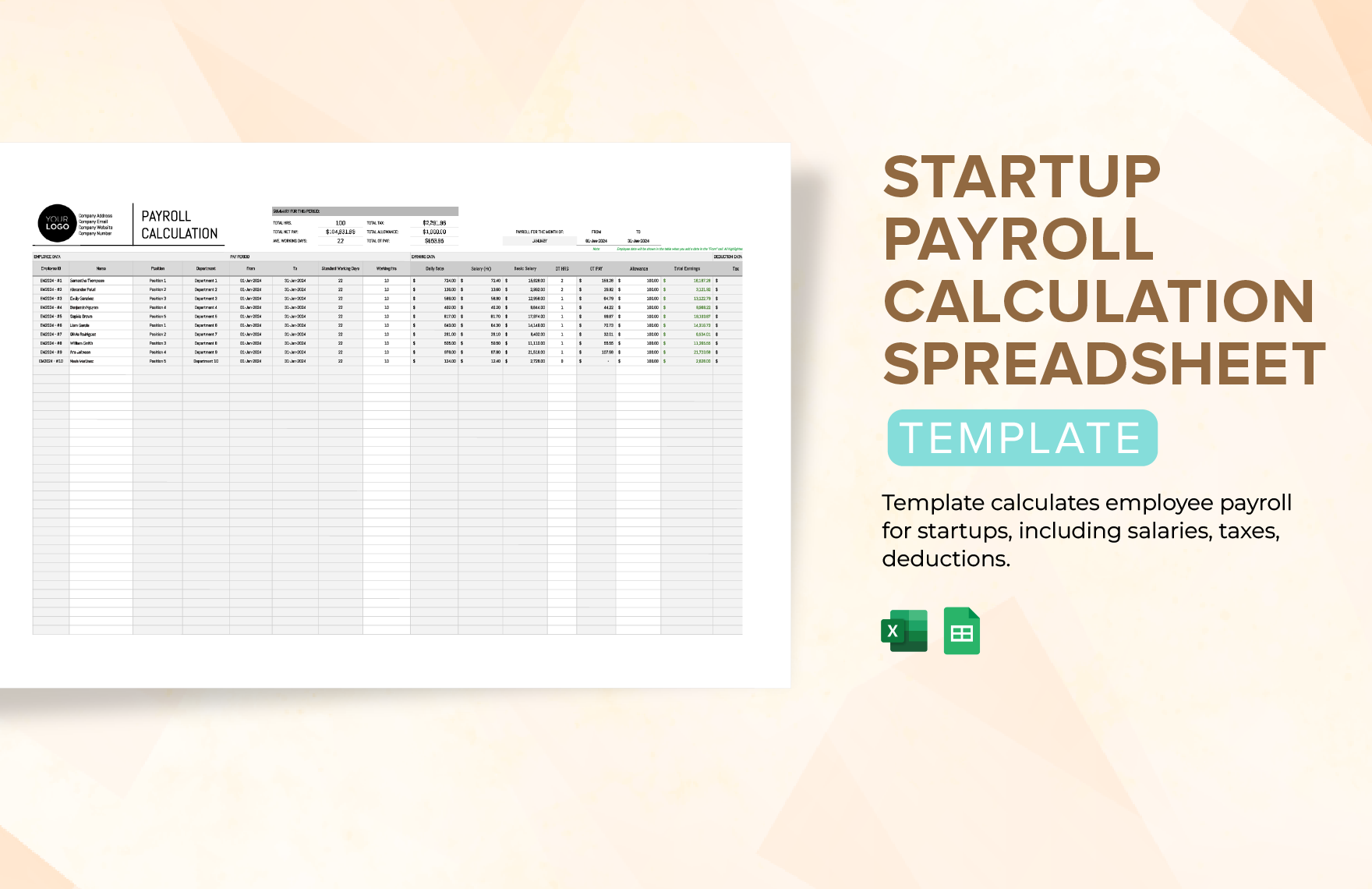 Startup Payroll Calculation Spreadsheet Template in Excel, Google Sheets