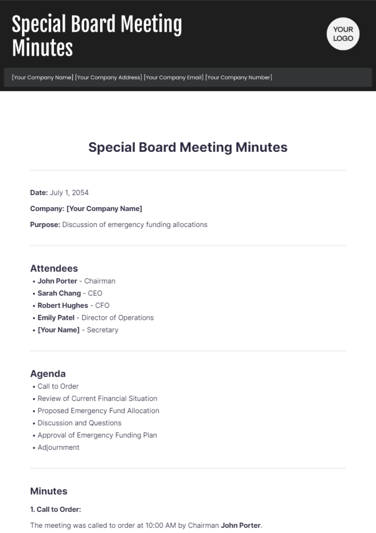 Special Board Meeting Minutes Template - Edit Online & Download