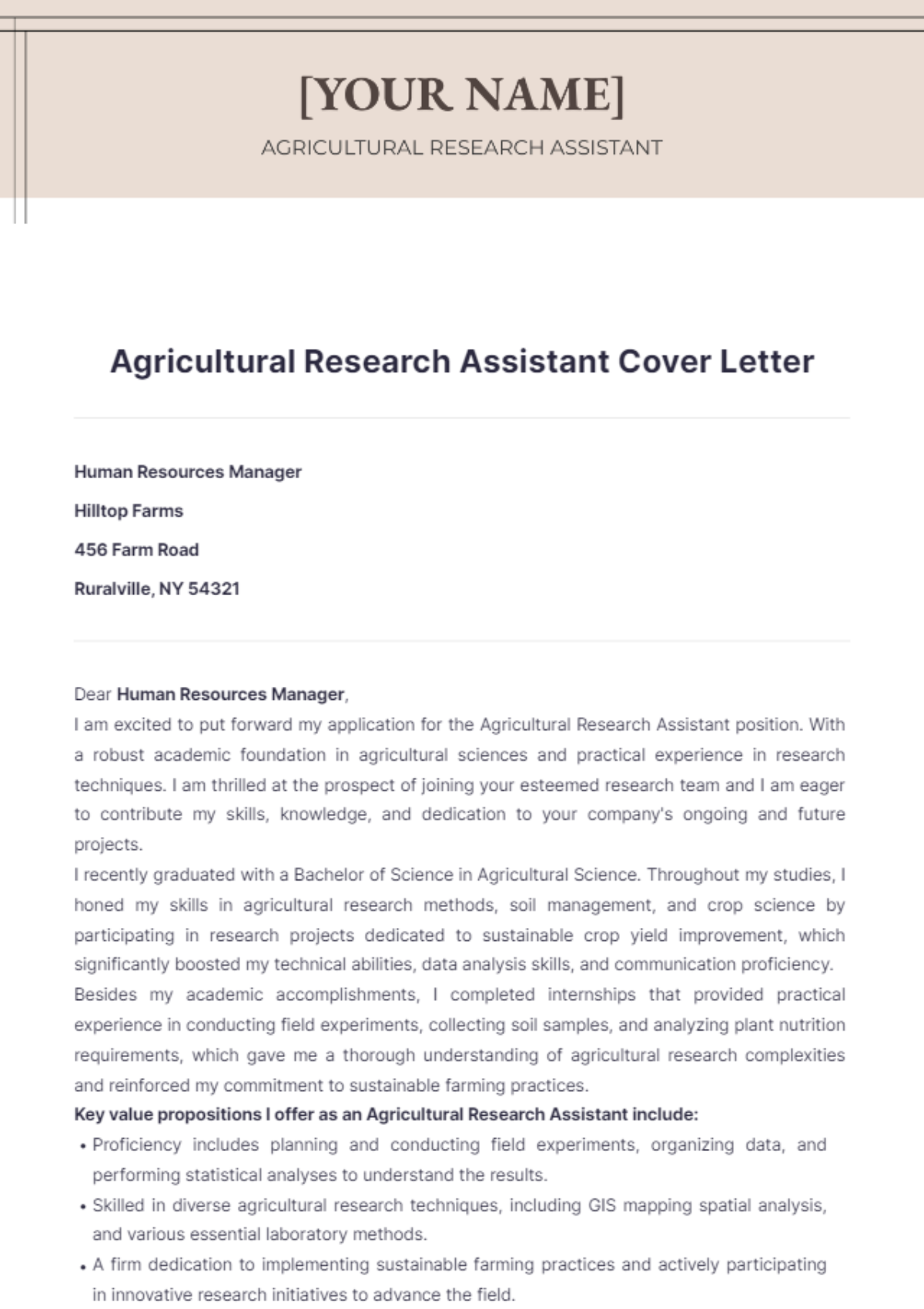 Agricultural Research Assistant Cover Letter