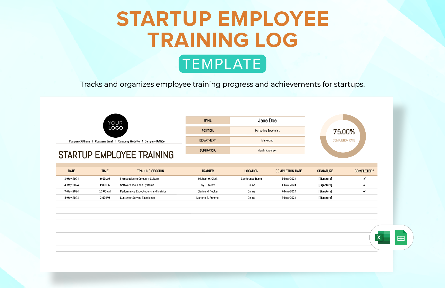Startup Employee Training Log Template in Excel, Google Sheets