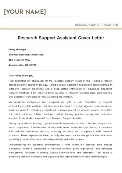 Free Research Support Assistant Cover Letter to Edit Online
