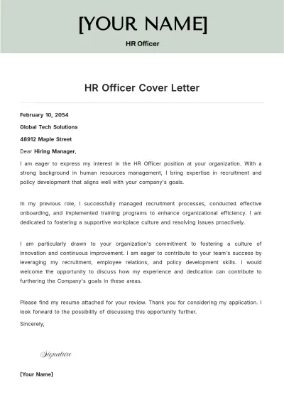 Free HR Officer Cover Letter to Edit Online