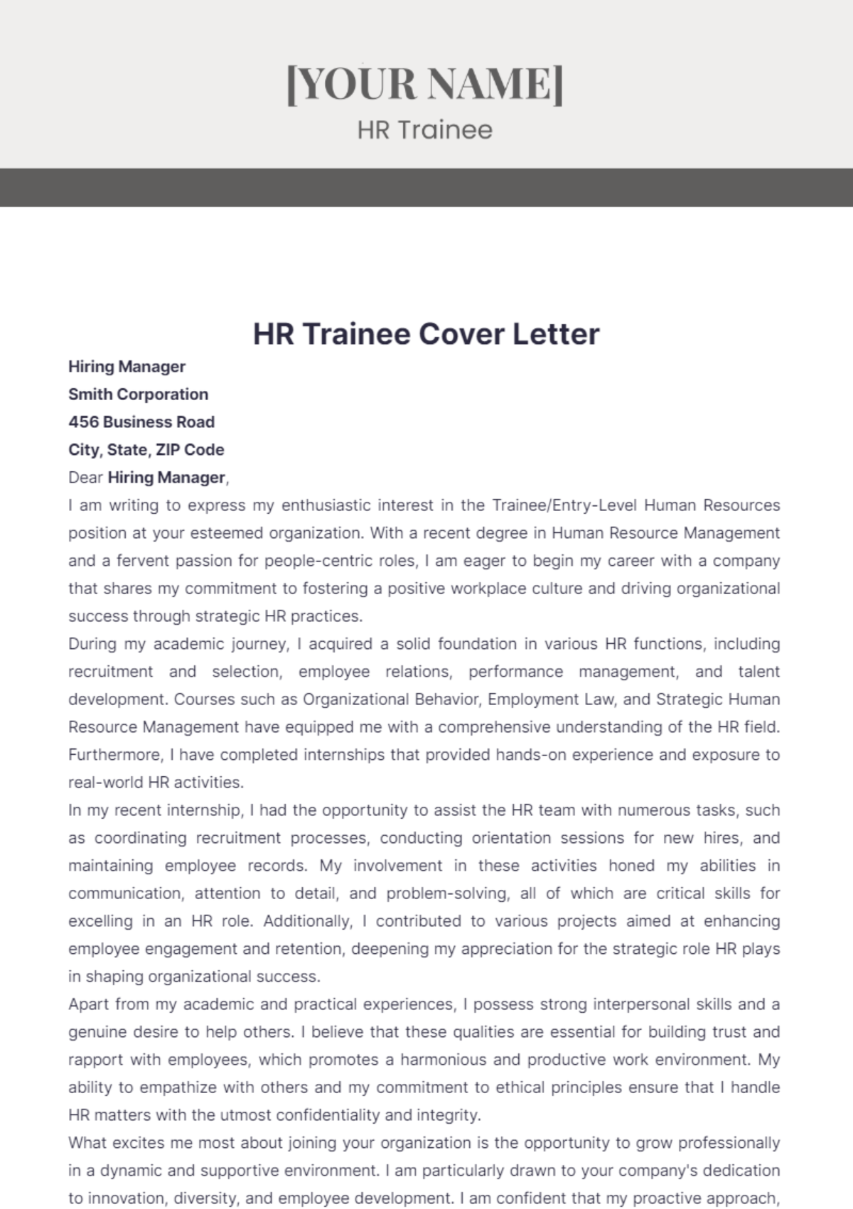 HR Trainee Cover Letter