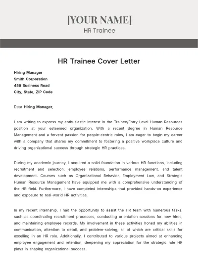 Free HR Trainee Cover Letter to Edit Online