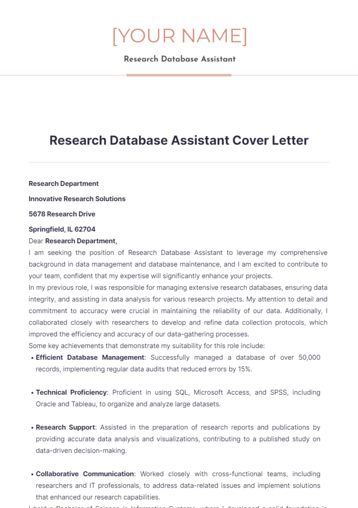 Research Database Assistant Cover Letter - Edit Online & Download