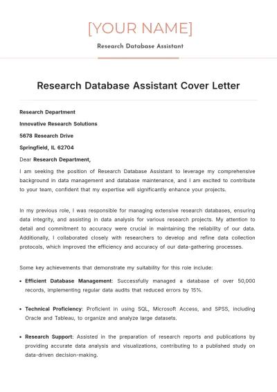 Free Research Database Assistant Cover Letter to Edit Online