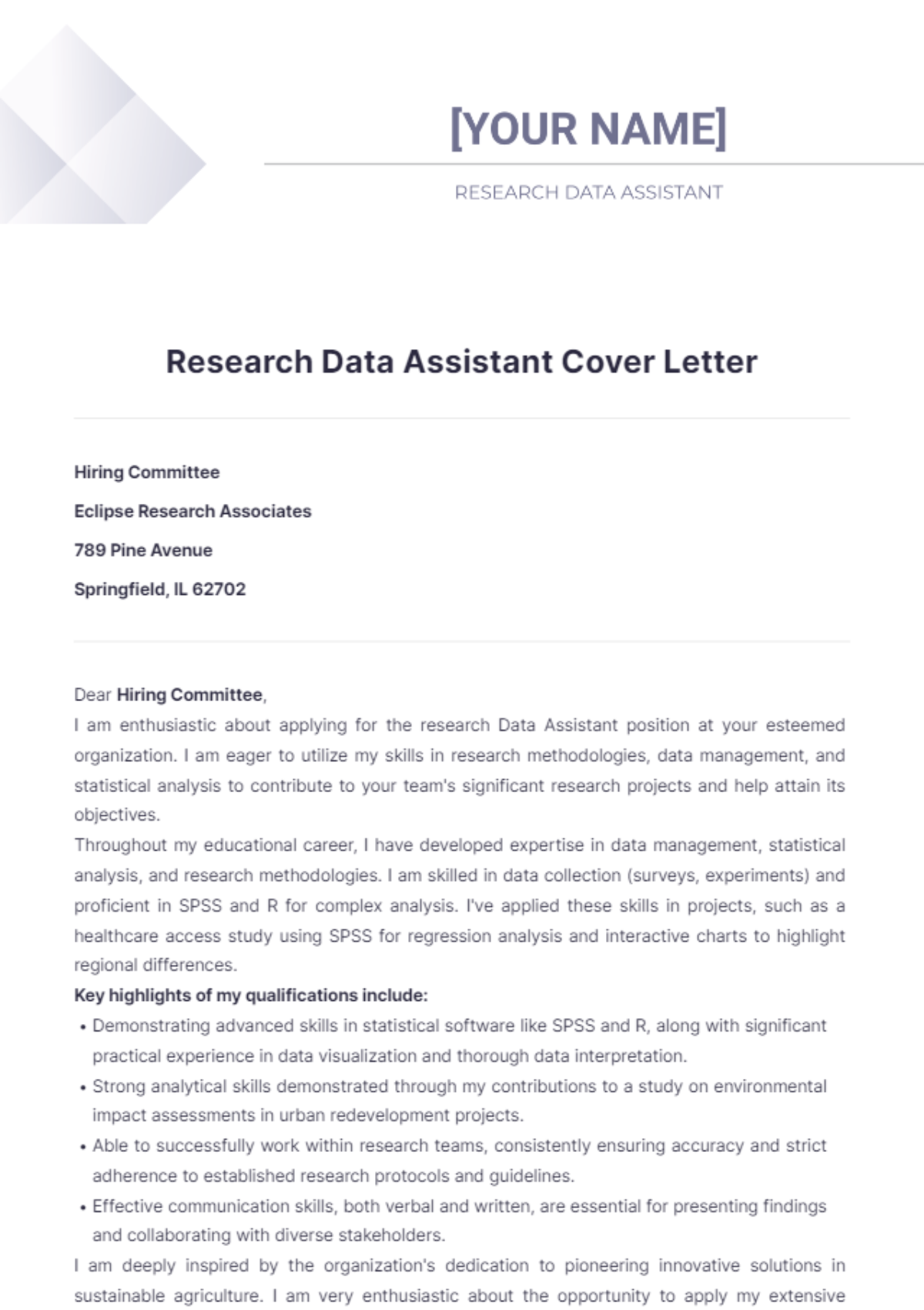 Research Data Assistant Cover Letter