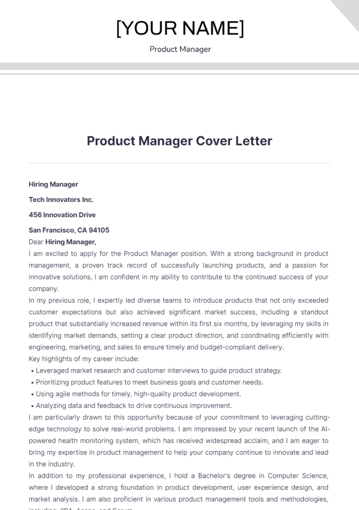 Product Manager Cover Letter