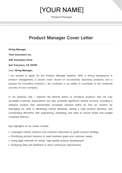 Free Product Manager Cover Letter to Edit Online