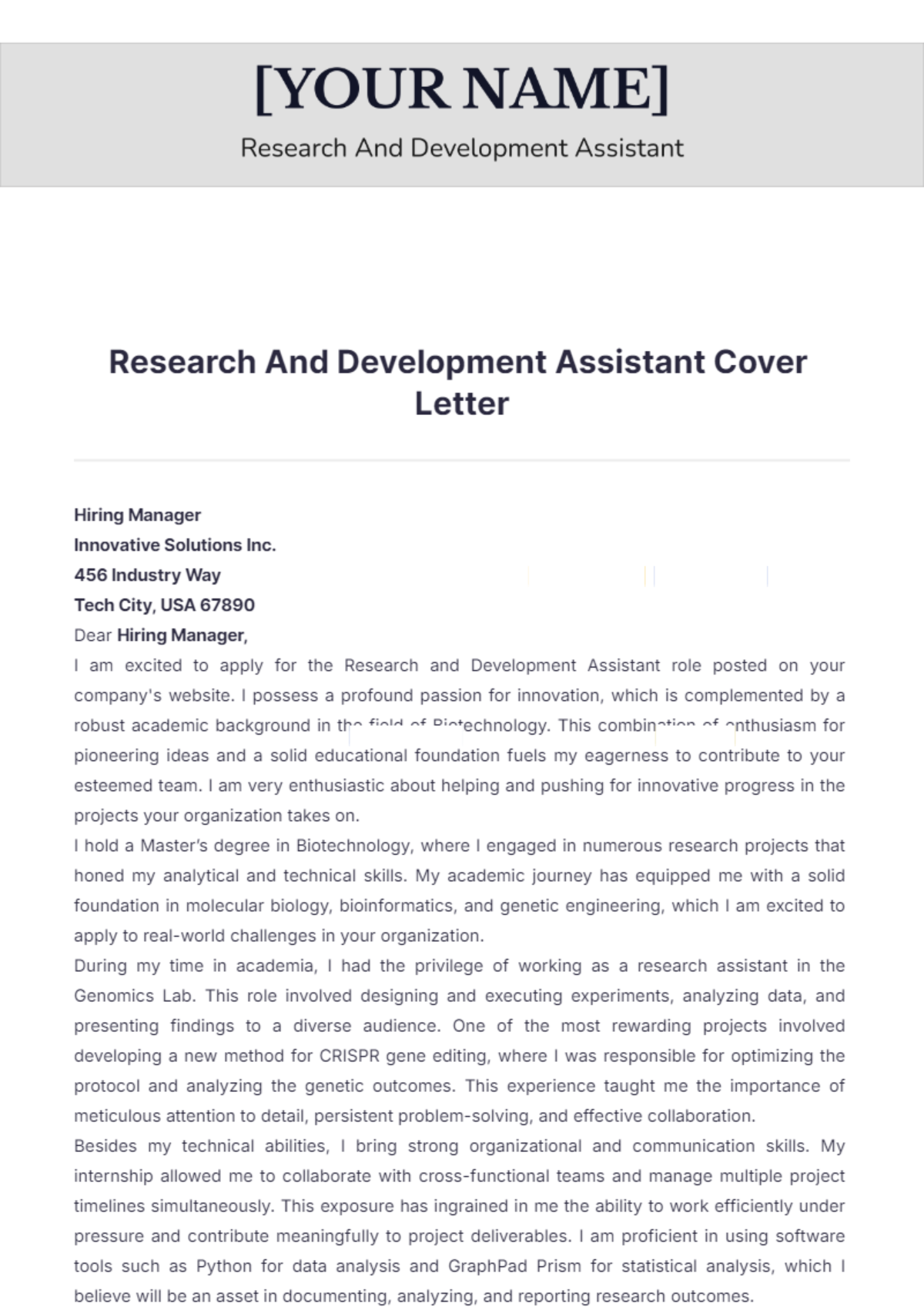 Research And Development Assistant Cover Letter