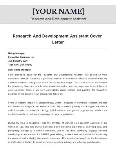 Free Research And Development Assistant Cover Letter to Edit Online