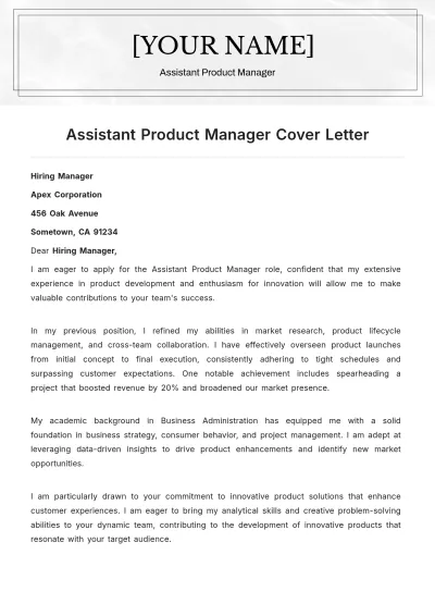 Free Assistant Product Manager Cover Letter to Edit Online