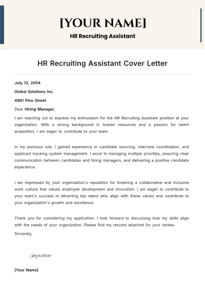 Free HR Recruiting Assistant Cover Letter to Edit Online