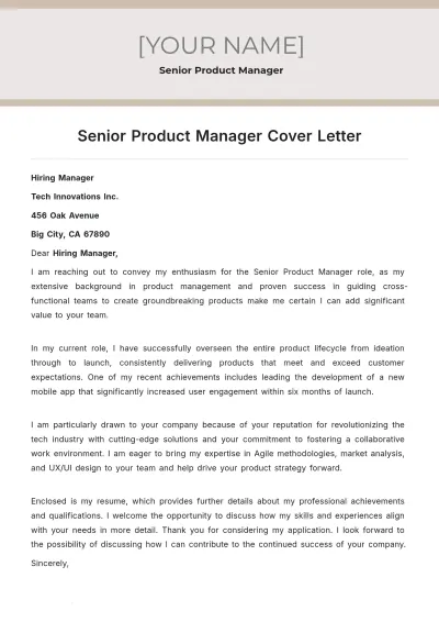 Free Senior Product Manager Cover Letter to Edit Online