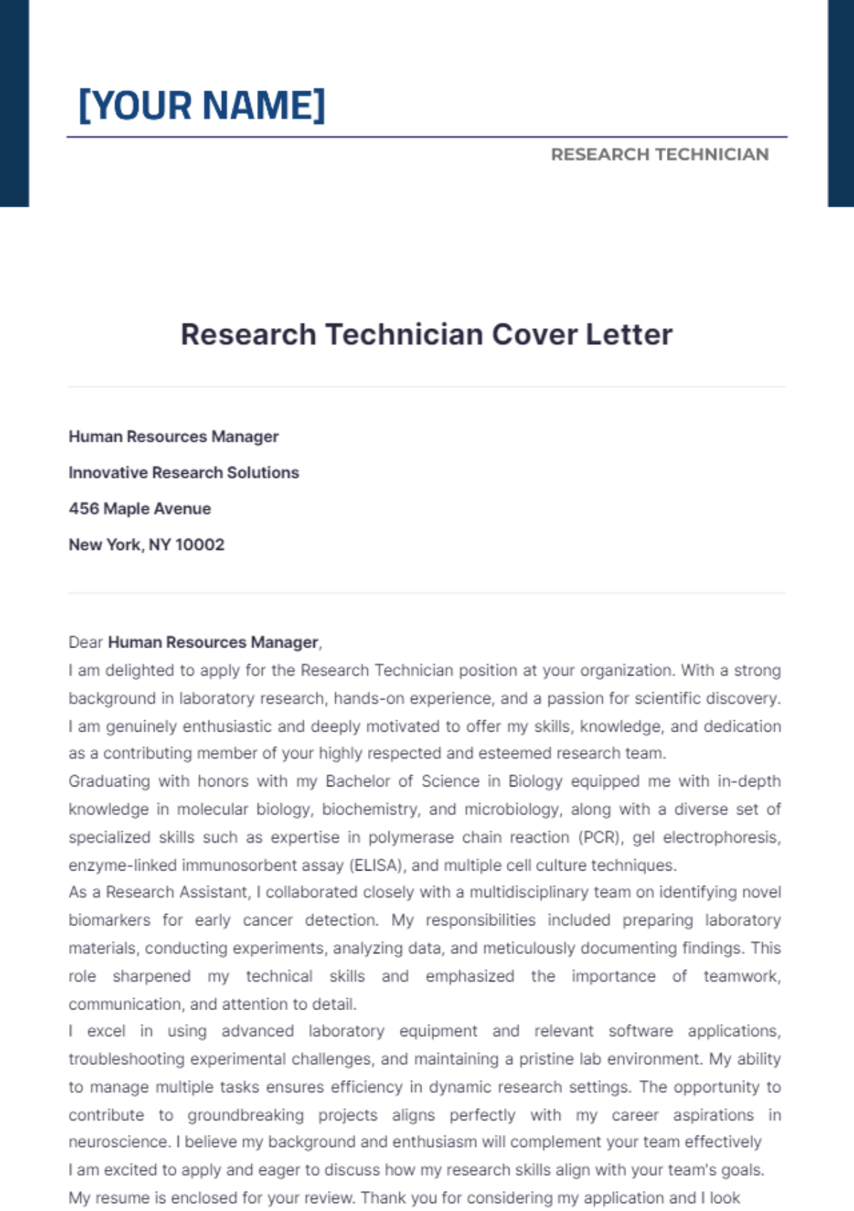 Research Technician Cover Letter