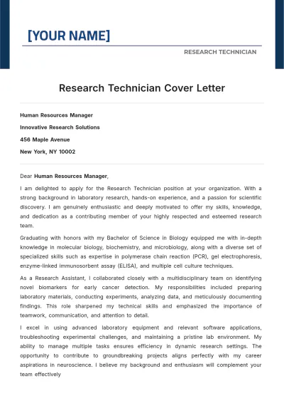 Free Research Technician Cover Letter to Edit Online