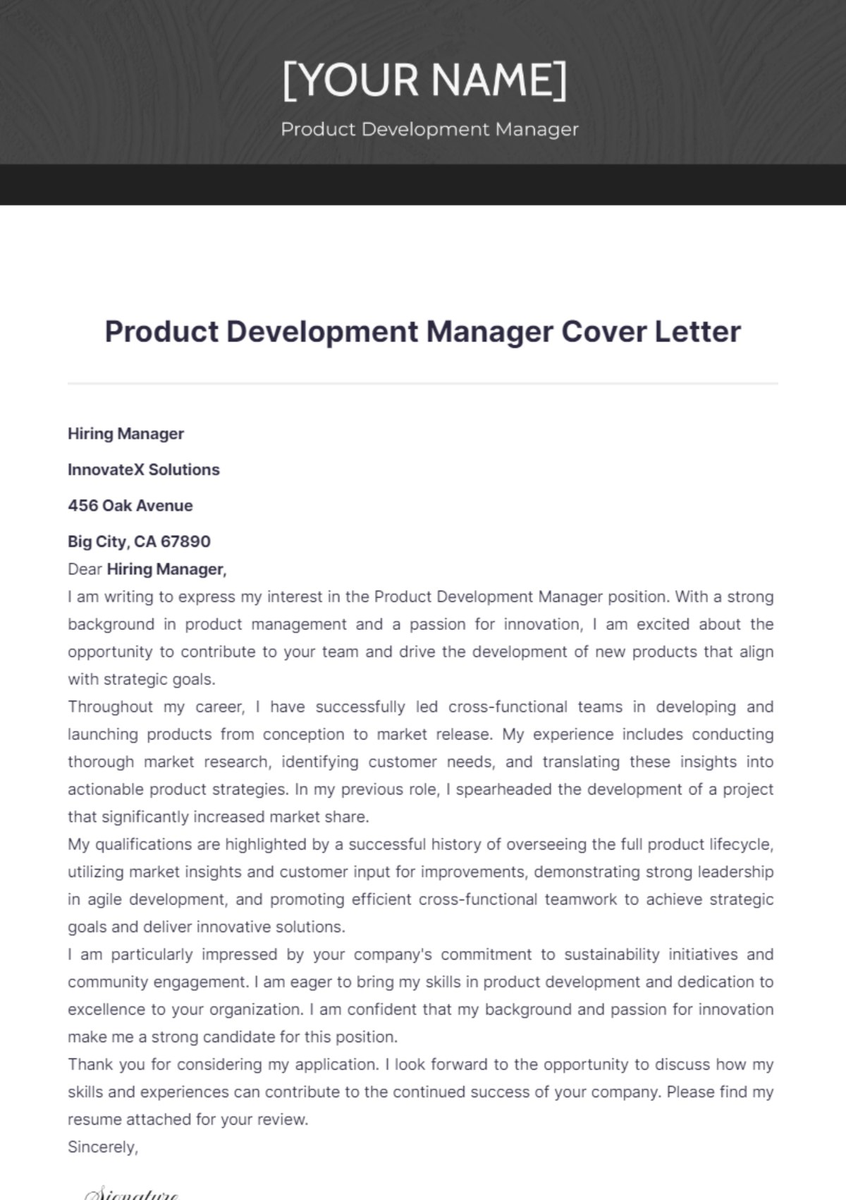 Product Development Manager Cover Letter - Edit Online & Download