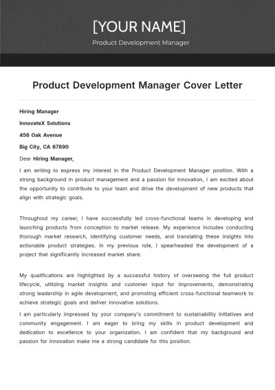 Free Product Development Manager Cover Letter to Edit Online