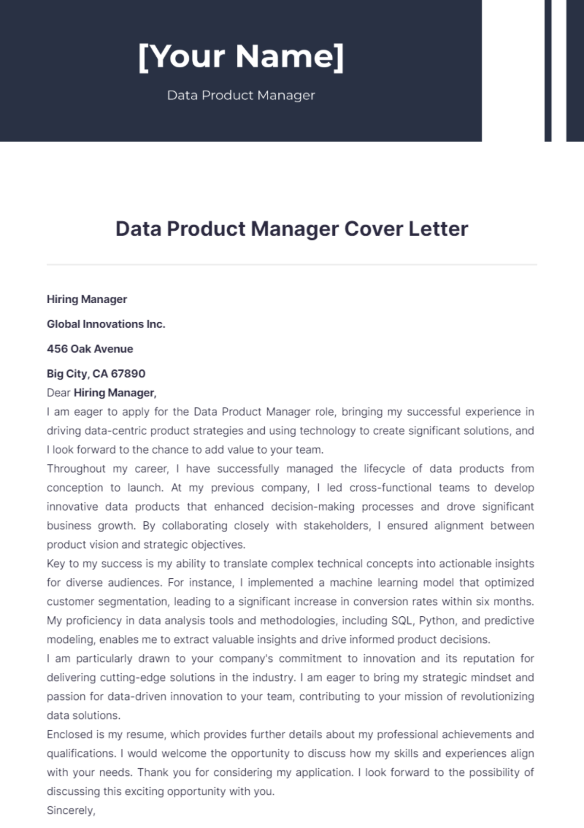 Data Product Manager Cover Letter - Edit Online & Download