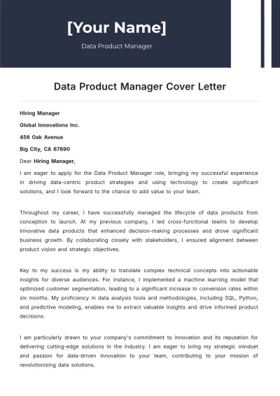 Free Data Product Manager Cover Letter to Edit Online