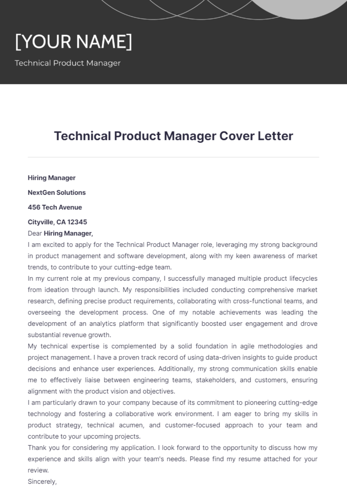 Technical Product Manager Cover Letter