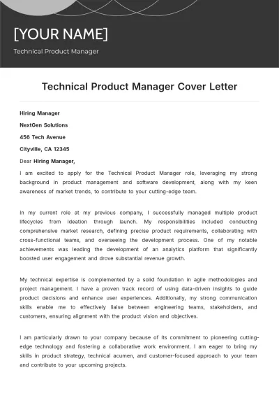 Free Technical Product Manager Cover Letter to Edit Online
