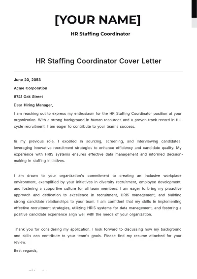 Free HR Staffing Coordinator Cover Letter to Edit Online