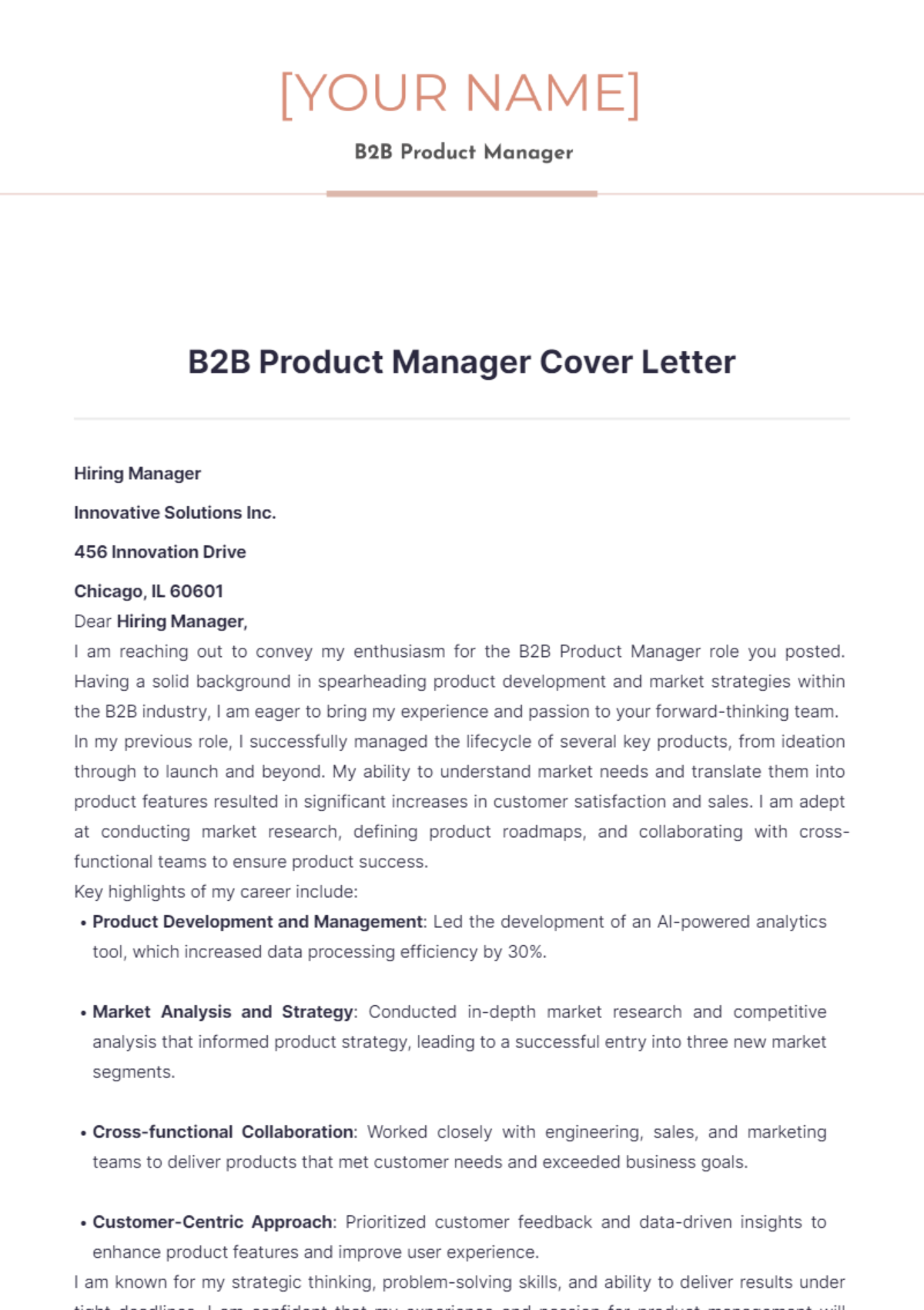 B2B Product Manager Cover Letter - Edit Online & Download