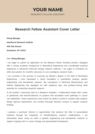 Free Research Fellow Assistant Cover Letter to Edit Online
