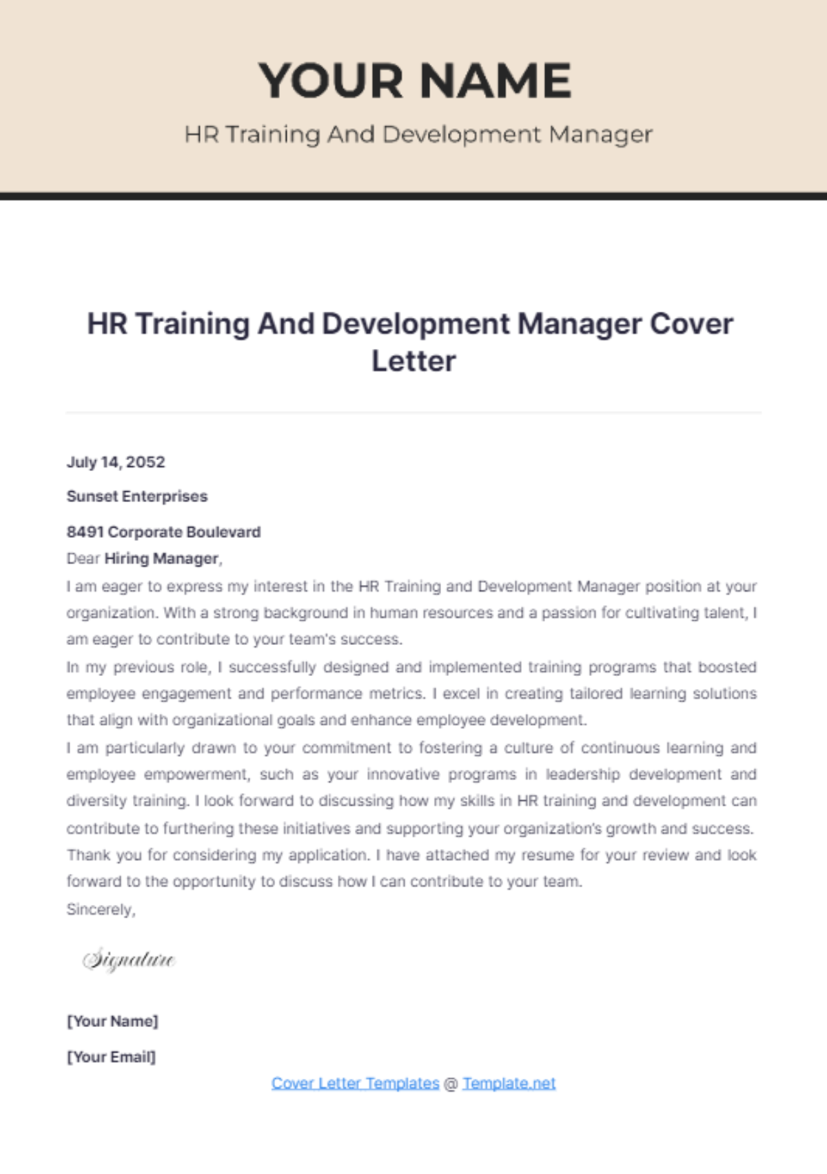 HR Training And Development Manager Cover Letter - Edit Online & Download