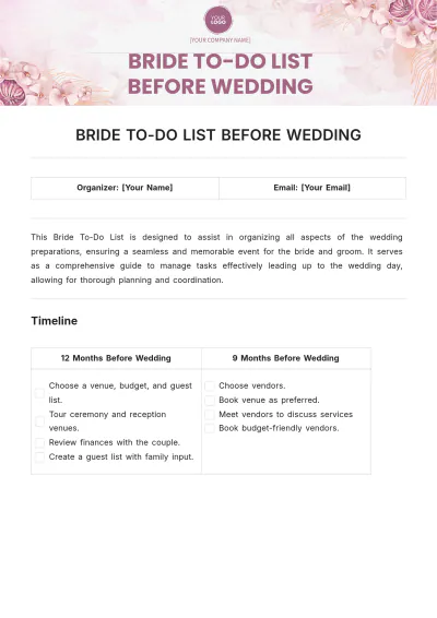 Free Bride To Do List Before Wedding Template to Edit Online