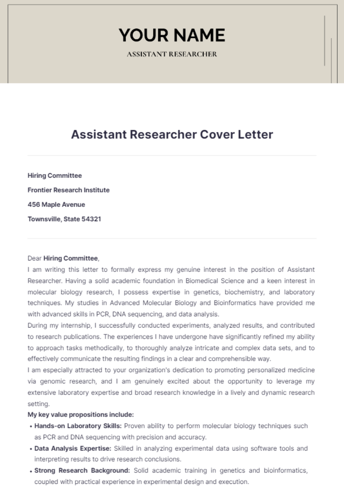 Assistant Researcher Cover Letter - Edit Online & Download