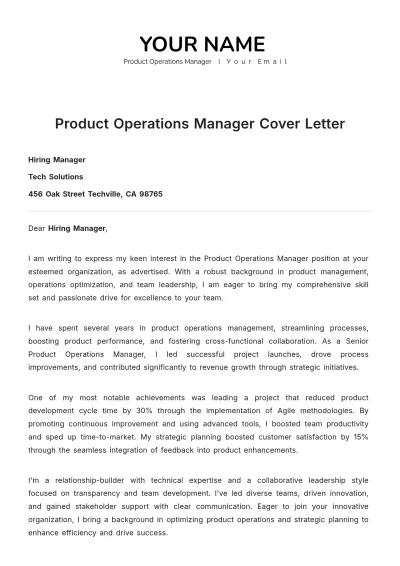Free Product Operations Manager Cover Letter Template to Edit Online